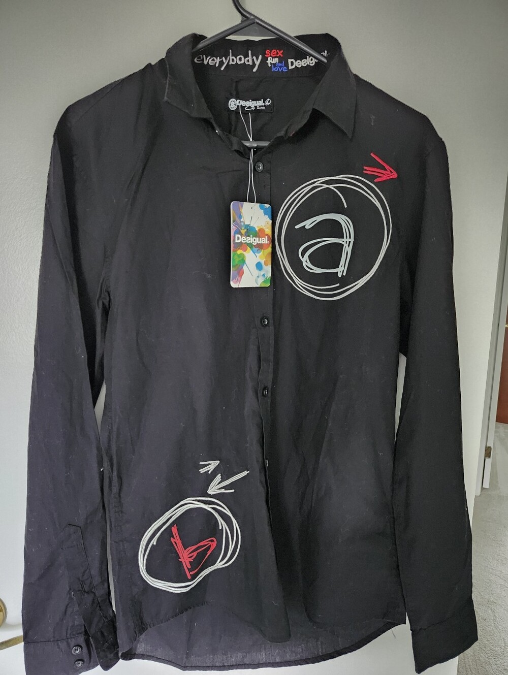Desigual Black Button-Down Shirt with White & Red Graphic Motif  100% Cotton